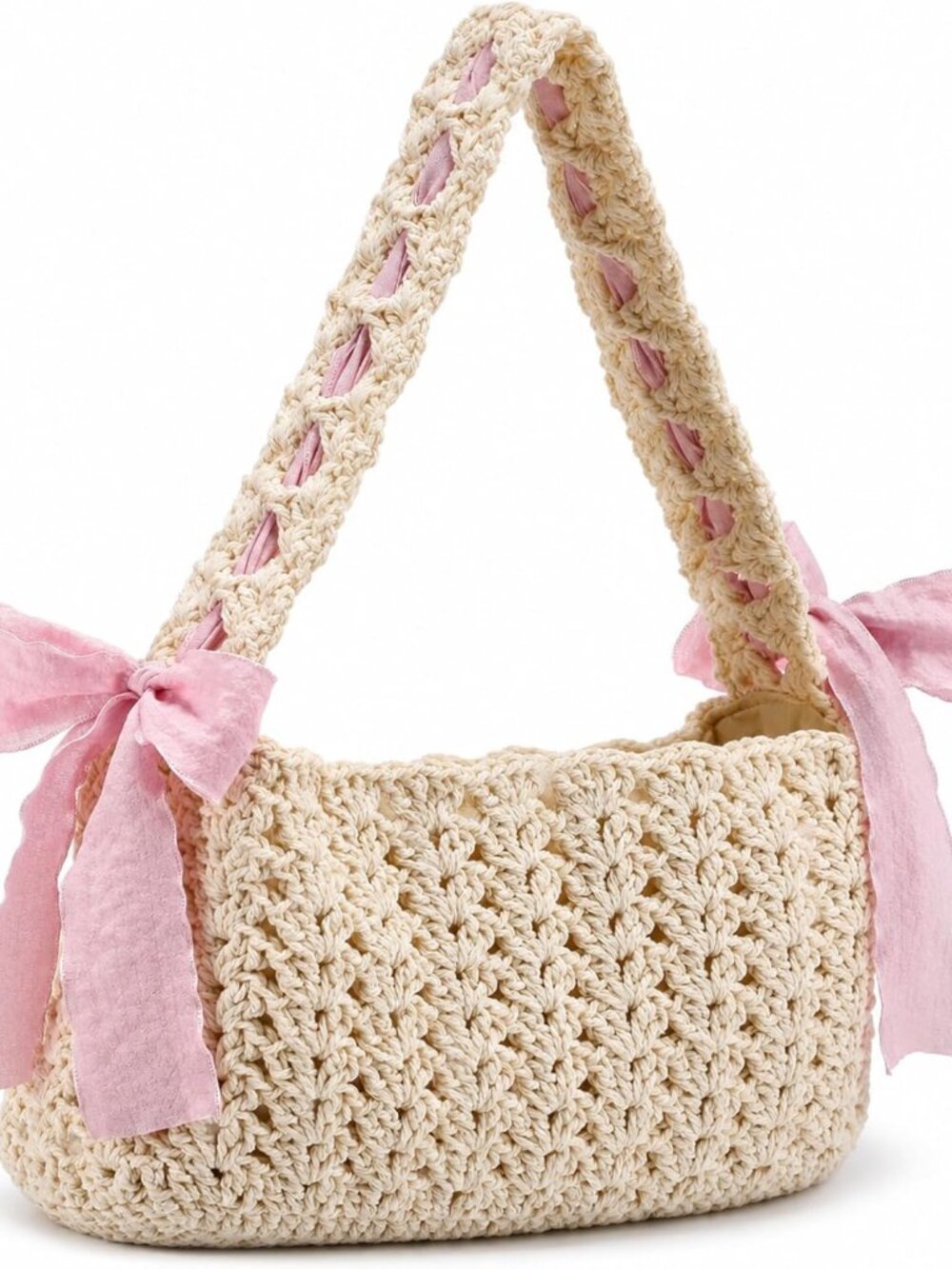 Pink Bow Crochet Shoulder Bag for Women Aesthetic Mesh Tote Bag Knit Bags Coquet